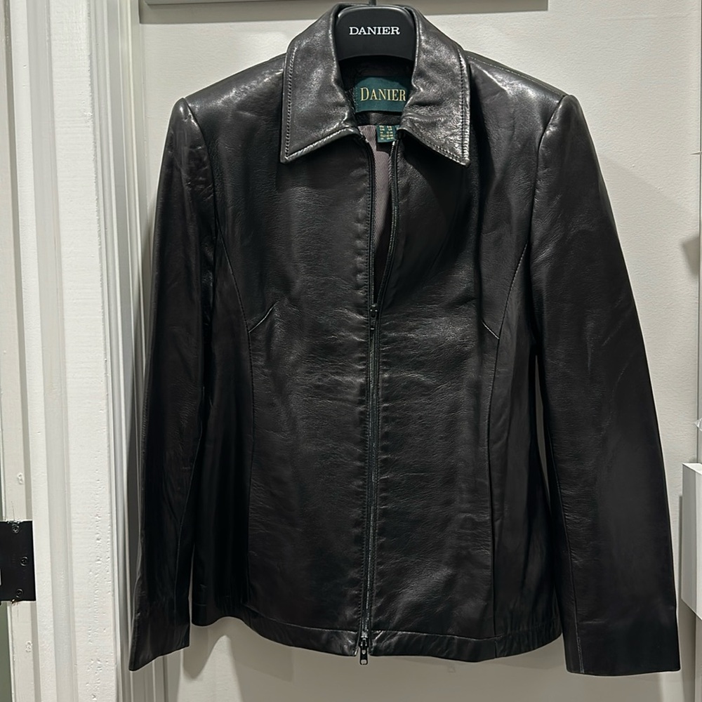 Soft black blazer style leather jacket, zips up